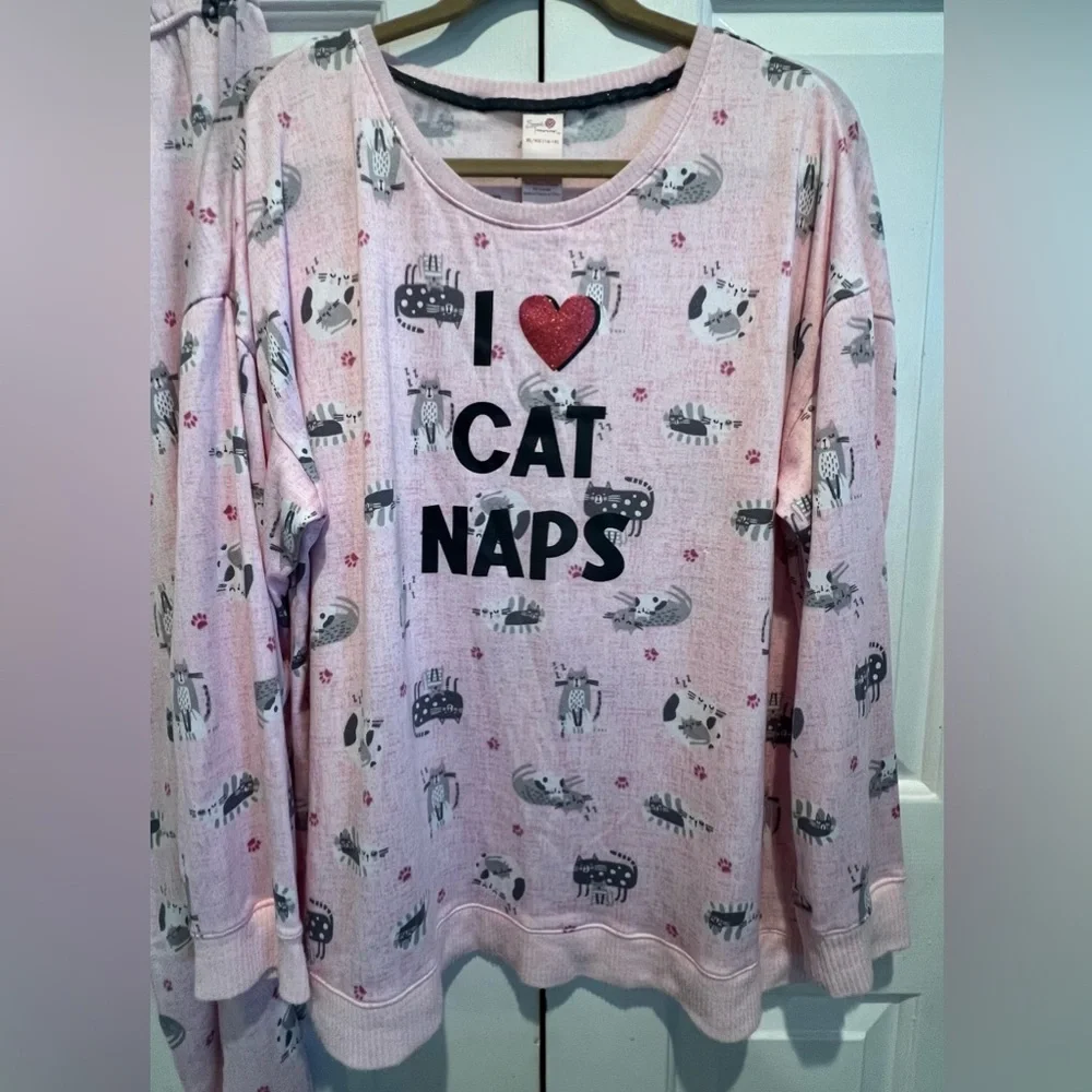 2 Pc Pj Set - I ♥ Cat Naps' - Matching Pink Pants & Long Sleeve top - Picture 2 of 10